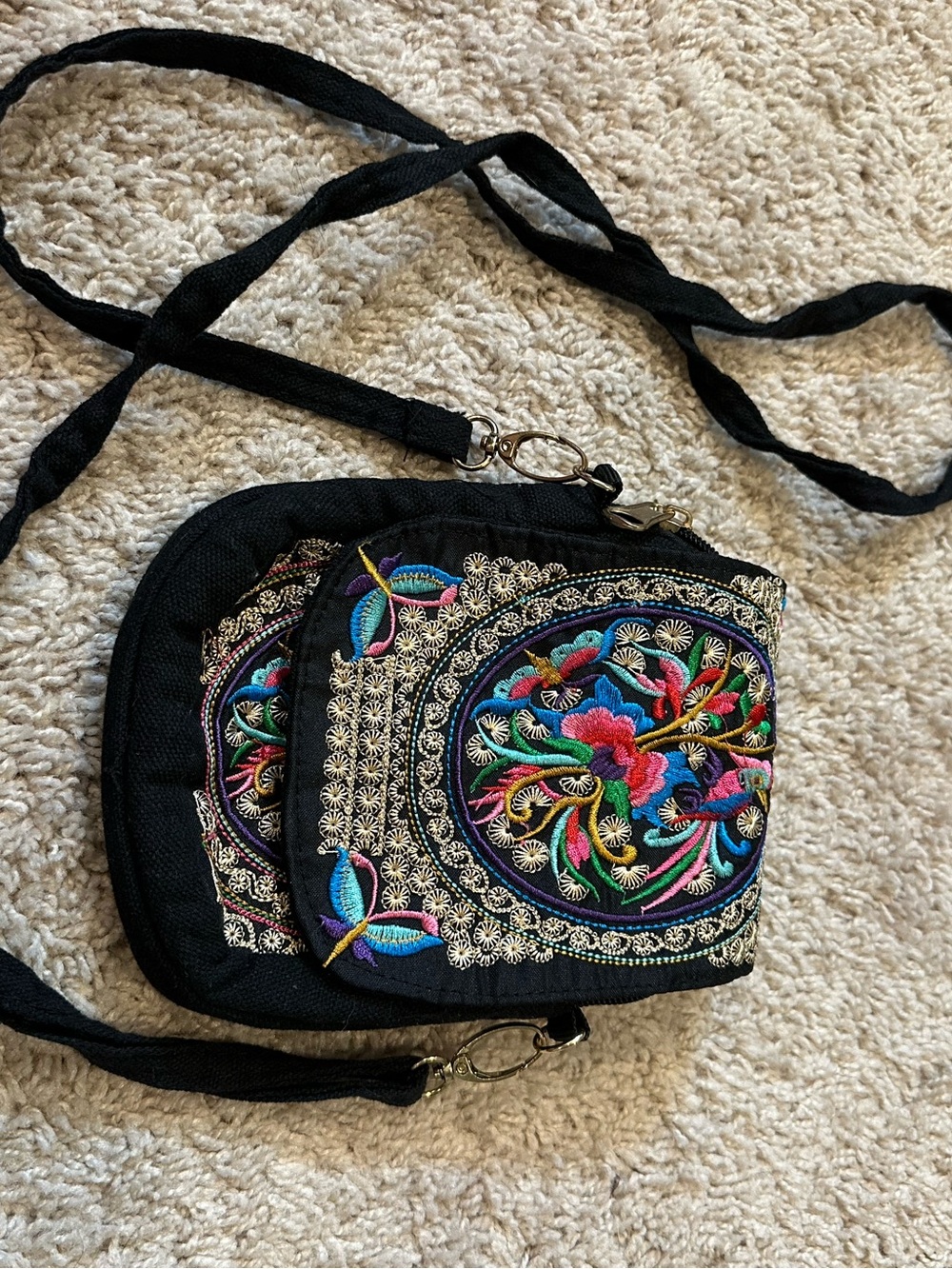 Black Embroidered Crossbody Bag with Multicolor Floral Design